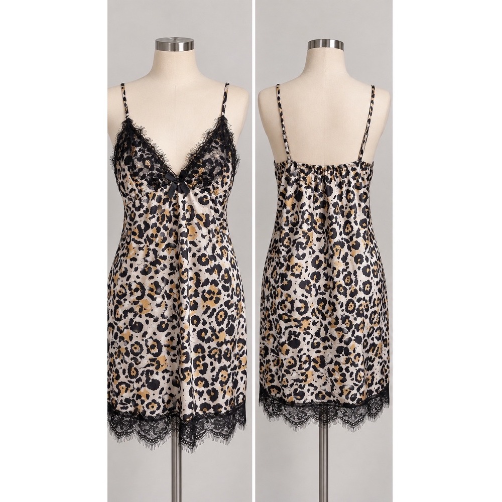 Leopard Satin Lace Slip Dress Women's Large Animal Print Y2K Lingerie Mini Dress